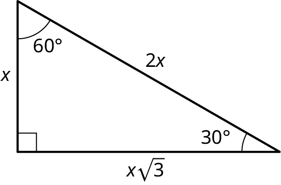 Rétthyrndur þríhyrningur með skammhliðar x og x√3, langhlið 2x og horn 60°, 90° og 30°.