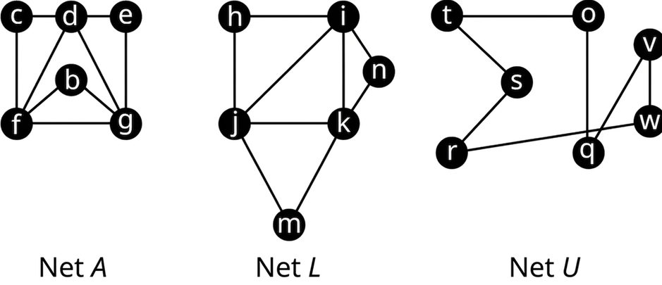 Þrjú net. Net A hefur sex hnúta: c, d, e, b, f og g. Leggirnir tengja cd, de, eg, dg, df, bf, bg, cf og fg. Net L hefur sex hnúta: h, i, n, k, j og m. Leggirnir tengja hi, in, nk, ik, ij, kj, km, mj og jh. Net U hefur sjö hnúta: t, s, r, o, q, v og w. Leggirnir tengja to, ts, sr, rw, qo, qv og wv.