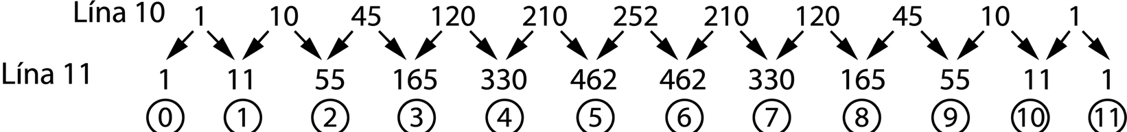 Línur 10 og 11 í þríhyrningi Pascals. Lína 10: 1, 10, 45, 120, 210, 252, 210, 120, 45, 10 og 1. Lína 11: 1, 11, 55, 165, 330, 462, 462, 330, 165, 55, 11 og 1. Stök línu 11 eru númeruð frá 0 til 11 og örvar sýna samlagninguna úr línu 10.