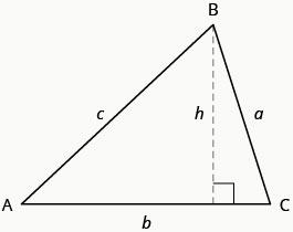 Þríhyrningur með hornpunktana A, B og C. Hliðarnar á móti þessum hornpunktum eru merktar a, b og c í sömu röð. Hlið b er samsíða neðri brún síðunnar og strikalína liggur frá hornpunkti B að hliðinni. Línan er merkt h og myndar rétt horn við hlið b.
