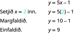 Myndin sýnir skrefin við að leysa með tilliti til y þegar x jafngildir 2 í jöfnunni y jafngildir 5 x mínus 1. Jafnan y jafngildir 5 x mínus 1 er sýnd. Fyrir neðan er 2 sett inn fyrir x og fæst y jafngildir 5 sinnum 2 mínus 1. Fyrst er margfaldað og fæst y jafngildir 10 mínus 1. Síðan er dregið frá og fæst y jafngildir 9.