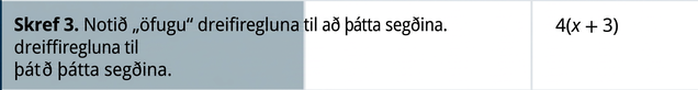Í þriðju röð er skrefið: „Beitið dreifireglunni afturábak til að þátta stæðuna.“ Annar dálkur er auður. Í þriðja dálki stendur „4(x + 3)“.