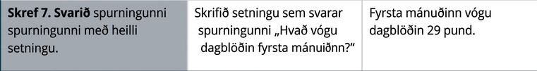 Í sjöundu og síðustu línu stendur í fyrsta reitnum: „Skref 7. Svarið spurningunni með heilli setningu.“ Í öðrum reitnum stendur: „Ritið setningu sem svarar spurningunni: Hve mikið vógu dagblöðin síðari mánuðinn?“ Í þriðja reitnum stendur: „Dagblöðin síðari mánuðinn vógu 29 pund.“