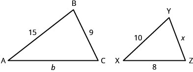 Myndin sýnir tvo þríhyrninga. Stærri þríhyrningurinn ABC hefur AB = 15, AC = b og BC = 9. Minni þríhyrningurinn XYZ hefur XY = 10, XZ = 8 og YZ = x.