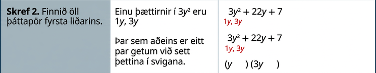 Í annarri röð stendur að finna öll þáttapör fyrsta liðarins. Eina parið er 1 y, 3 y. Þar sem aðeins eitt par er til er það ritað í svigana (1 y) og (3 y).