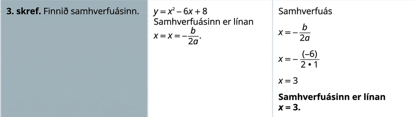 Í skrefi 3 er samhverfuásinn fundinn. Hann er línan x er jafnt mínus b deilt með 2 a. Þegar gildin á b og a eru sett inn fæst x er jafnt mínus −6 deilt með 2 sinnum 1, sem einfaldast í x = 3. Samhverfuásinn er línan x = 3.