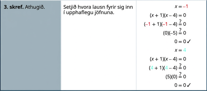 Síðasta skrefið er að sannreyna báðar lausnirnar með því að setja gildin fyrir x inn í upphaflegu jöfnuna.