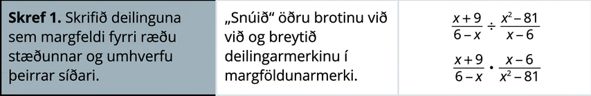 Myndin hér að ofan hefur þrjá dálka og sýnir skrefin við deilingu ræðra stæðna. Í fyrsta skrefi er deilingin rituð sem margfeldi fyrri ræðu stæðunnar og margföldunarandhverfu þeirrar síðari fyrir x plús 9 deilt með 6 mínus x, deilt með x í öðru veldi mínus 81, deilt með x mínus 6. „Snúið við“ síðara brotinu og breytið deilingarmerkinu í margföldunarmerki. Þá fæst x plús 9 deilt með 6 mínus x, sinnum x mínus 6 deilt með x í öðru veldi mínus 81.