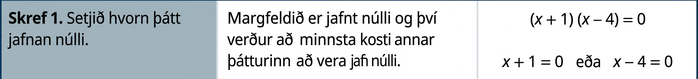 Taflan sýnir skrefin við að leysa (x + 1)(x – 4) = 0. Fyrsta skrefið er að setja hvorn þátt jafnan 0. Þar sem margfeldið er jafnt 0 verður að minnsta kosti annar þátturinn að vera jafn 0. x + 1 = 0 eða x – 4 = 0.