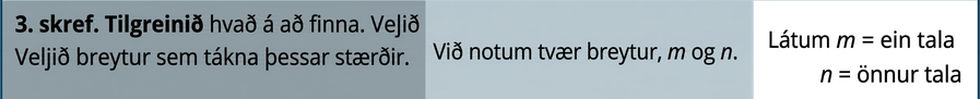 Í þriðju röð stendur: „Skref 3: Nefnið það sem leitað er að. Veljið breytur sem tákna þessar stærðir. Við notum tvær breytur, m og n. Látum me = one tákna aðra töluna og n = second hina töluna.“