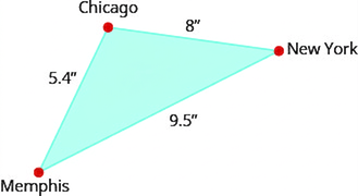 Myndin sýnir þríhyrning með hornin Chicago, New York og Memphis. Hliðin Chicago–New York er 8 tommur, New York–Memphis 9.5 tommur og Memphis–Chicago 5.4 tommur.