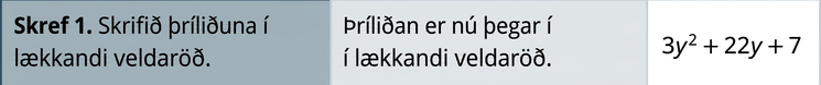 Taflan tekur saman skrefin við að þátta 3 y ^ 2 + 22 y + 7. Í fyrstu röð stendur að rita eigi þríliðinn eftir lækkandi veldum. Margliðan er rituð 3 y ^ 2 +22 y + 7.