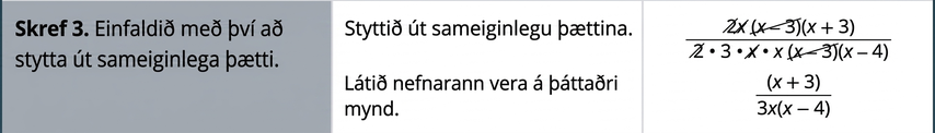 Skref 3 er að fella út sameiginlegu þættina: 2, x og x mínus 3 í teljaranum á móti 2, x og x mínus 3 í nefnaranum. Látið nefnarann standa á þáttuðu formi og fáið x plús 3 deilt með 3x sinnum x mínus 4.