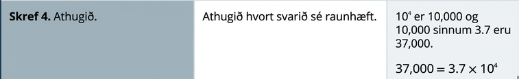 Í fjórðu röð stendur í fyrsta reit: „Skref 4. Athugið.“ Í öðrum reit stendur: „Gangið úr skugga um að svarið sé skynsamlegt.“ Í þriðja reit stendur: „10 í fjórða veldi er 10,000 og 10,000 sinnum 3.7 verður 37,000.“ Fyrir neðan er 37,000 jafnt 3.7 sinnum 10 í fjórða veldi.