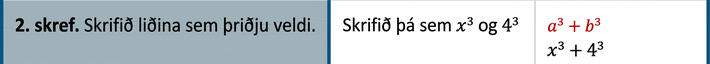 Annað skrefið er að rita liðina sem teninga, x cubed + 4 í þriðja veldi.