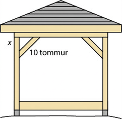 Garðskáli er sýndur. Í einu horni hans myndar timburstífa þríhyrning. Langhliðin er merkt 10 tommur og önnur skammhliðin x.