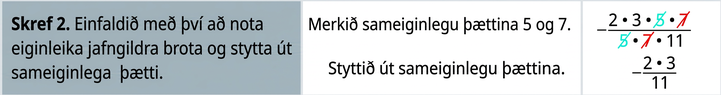 Í næstu röð stendur „Skref 2. Styttið með reglunni um jafngild brot með því að deila út sameiginlegum þáttum.“ Í miðdálkinum stendur „Merkið sameiginlegu þættina 5 og 7.“ Í hægri dálkinum er stæðan 2 sinnum þrír sinnum fimm sinnum sjö yfir 5 sinnum sjö sinnum 11. Bæði 5 og 7 eru strikuð út sem sameiginlegir þættir. Fyrir neðan er stæðan „mínus tveir sinnum 3 deilt með 11.“