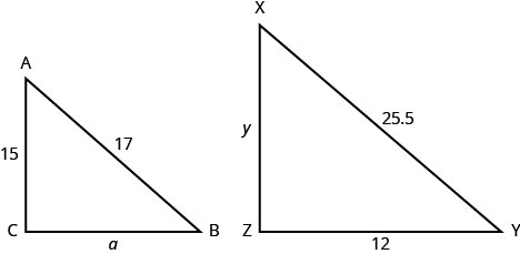 Myndin sýnir tvo líka þríhyrninga. Minni þríhyrningurinn ABC hefur AB = 17, BC = a og CA = 15. Stærri þríhyrningurinn XYZ hefur XY = 25.5, YZ = 12 og ZX = y.