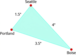 Myndin sýnir þríhyrning með hlið merkta „Seattle, 4.5 tommur“, annarri „Portland, 3.5 tommur“ og þeirri þriðju 1.5 tommur. Hnútpunkturinn er merktur Boise.