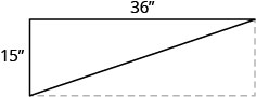 Rétthyrndur þríhyrningur þar sem önnur skammhliðin er merkt 36 tommur og hin 15 tommur. Punktalínur samsíða skammhliðunum mynda rétthyrning.