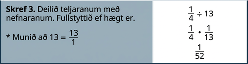 Lokaskrefið er „Skref 3. Deilið teljaranum með nefnaranum. Einfaldið ef hægt er. Munið að þrettán er jafnt og þrettán yfir 1.“ Hægra megin stendur 1/4 deilt með 13. Síðan stendur 1/4 sinnum 1/13, sem er jafnt og 1/52.