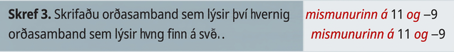 Í þriðju röð stendur í vinstri dálknum: „Skref 3. Skrifið orðasamband sem gefur upplýsingarnar sem þarf til að finna svarið.“ Við hlið þess í hægri dálknum stendur: „mismunur 11 og mínus 9.“