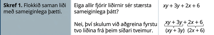Taflan sýnir skrefin við að þátta xy + 3 y + 2 x + 6. Í fyrstu röð stendur: „Flokkið saman liði með sameiginlega þætti.“ Í næsta dálki kemur fram að enginn þáttur sé sameiginlegur öllum 4 liðunum. Í síðasta dálki eru fyrstu tveir liðirnir flokkaðir saman og síðustu tveir liðirnir saman.