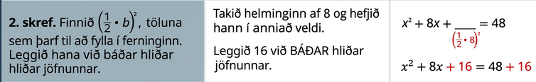 Annað skrefið er að finna ferning helmings b, töluna sem þarf til að fylla í ferning, og leggja hana við báðar hliðar jöfnunnar. Stuðull x er átta og því er b átta. Helmingur átta er fjórir og ferningur hans er 16. Leggið 16 við báðar hliðar jöfnunnar og fáið x í öðru veldi plús átta x plús 16 jafnt 48 plús 16.