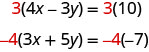 Myndin sýnir tvær jöfnur. Fyrri jafnan sýnir 3 sinnum stæðuna 4x mínus 3y jafnt og 3 sinnum 10. Seinni jafnan sýnir mínus 4 sinnum stæðuna 3x plús 5y jafnt og mínus 4 sinnum mínus 7.