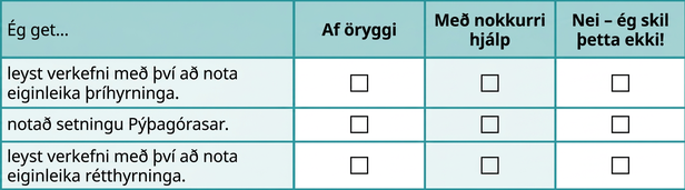 Þetta er tafla með fjórum röðum og fjórum dálkum. Í fyrstu röðinni, sem er fyrirsagnarröð, standa frá vinstri til hægri „Ég get…“, „Örugglega“, „Með nokkurri hjálp“ og „Nei — ég skil þetta ekki!“ Í fyrsta dálkinum undir „Ég get…“ stendur „leyst verkefni með eiginleikum þríhyrninga“, „notað setningu Pýþagórasar“ og „leyst verkefni með eiginleikum rétthyrninga“. Aðrir reitir eru auðir.