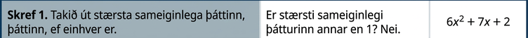 Taflan sýnir skrefin við að þátta 6 x ^ 2 + 7 x + 2. Fyrsta skrefið er að taka SSÞ út fyrir sviga. Þessi margliða hefur engan SSÞ.