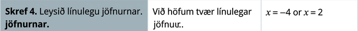 Næsta skref er að leysa báðar línulegu jöfnurnar, x = −4 eða x = 2.