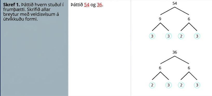 Taflan er í þremur dálkum. Í fyrsta dálkinum eru skref þáttunarinnar. Í fyrstu röð er fyrsta skrefið: frumþáttið hvern stuðul og ritið allar breytur með veldisvísum í útvíkkaðri ritun. Í öðrum dálki fyrstu raðar stendur „þáttið 54 og 36“. Í þriðja dálki eru 54 og 36 frumþáttaðar með þáttatrjám. Dreginn er hringur um frumþætti 54, sem eru 3, 3, 2 og 3. Einnig er dreginn hringur um frumþætti 36, sem eru 2,3 og 2,3.