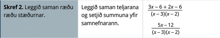 Skref 2 er að leggja ræðu stæðurnar saman. Leggið teljarana saman og setjið summuna yfir sameiginlega nefnarann. Þá fæst 3 x mínus 6, plús 2 x mínus 6, deilt með x mínus 3 sinnum x mínus 2.