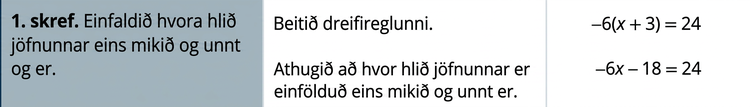 Myndin sýnir töflu með þremur dálkum og fimm línum. Fyrsti dálkurinn er fyrirsagnardálkur með heitum og númerum skrefanna. Í öðrum dálki eru nánari skriflegar leiðbeiningar og í þeim þriðja er stærðfræði. Í efstu línunni stendur í fyrsta reitnum vinstra megin: „Skref 1. Einfaldið hvora hlið jöfnunnar eins mikið og hægt er.“ Í öðrum reitnum stendur: „Beitið dreifireglunni. Takið eftir að hvor hlið jöfnunnar hefur verið einfölduð eins mikið og hægt er.“ Í þriðja reitnum er jafnan mínus 6 sinnum x plús 3, þar sem x plús 3 er innan sviga, jafnt og 24. Fyrir neðan er sama jafna eftir að mínus 6 hefur verið dreift inn í svigann: mínus 6x mínus 18 er jafnt og 24.
