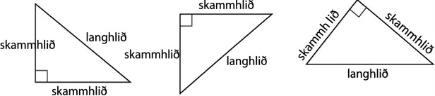 Þrír rétthyrndir þríhyrningar sem snúa á ólíkan hátt. Réttu hornin eru merkt með tveimur stuttum strikum sem mynda lítinn ferning við hornið. Á móti hornunum stendur „langhlið“. Hinar hliðarnar eru merktar „skammhlið“.