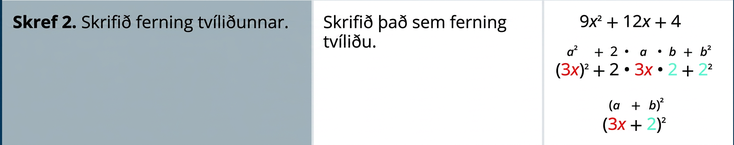 Annað skrefið er að rita annað veldi tvíliðarins. Margliðan er rituð sem (3 x) squared + 2 sinnum 3 x sinnum 2 + 2 í öðru veldi. Hún þáttast sem (3 x + 2) í öðru veldi.