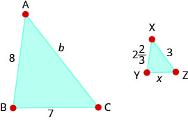 Myndin sýnir tvo þríhyrninga. Stóri þríhyrningurinn er merktur A B C. Lengdin frá A til B er merkt 8. Lengdin frá B til C er merkt 7. Lengdin frá C til A er merkt b. Minni þríhyrningurinn er merktur x y z. Lengdin frá x til y er merkt 2 og tveir þriðju hlutar. Lengdin frá y til z er merkt x. Lengdin frá x til z er merkt 3.