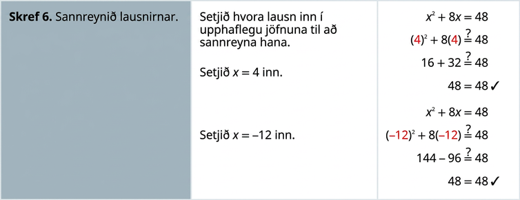 Sjötta skrefið er að sannreyna lausnirnar. Setjið hvort svar inn í upphaflegu jöfnuna. Þegar x jafnt fjórum er sett inn fæst fjórir í öðru veldi plús átta sinnum fjórir jafnt 48. Vinstri hliðin einfaldast í 16 plús 32, sem er 48. Þgar x jafnt mínus 12 er sett inn fæst mínus 12 í öðru veldi plús átta sinnum mínus 12 jafnt 48. Vinstri hliðin einfaldast í 144 mínus 96, sem er 48.