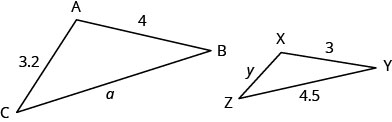 Myndin sýnir tvo líka þríhyrninga. Stærri þríhyrningurinn ABC hefur AB = 4, BC = a og CA = 3.2. Minni þríhyrningurinn XYZ hefur XY = 3, YZ = 4.5 og ZX = y.