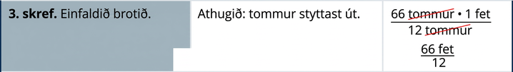 Í næstu línu stendur: „Skref 3. Einfaldið brotið.“ Vísbendingin er: „Athugið: Tommur styttast út.“ Við fáum 66 fet deilt með 12.