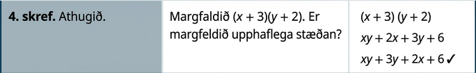 Í síðustu röð stendur: „Sannreynið.“ Í öðrum dálki stendur að margfalda eigi (x + 3)(y + 2). Í síðasta dálki sést margfeldið, sem er upphaflega margliðan xy + 3 y + 2 x + 6.