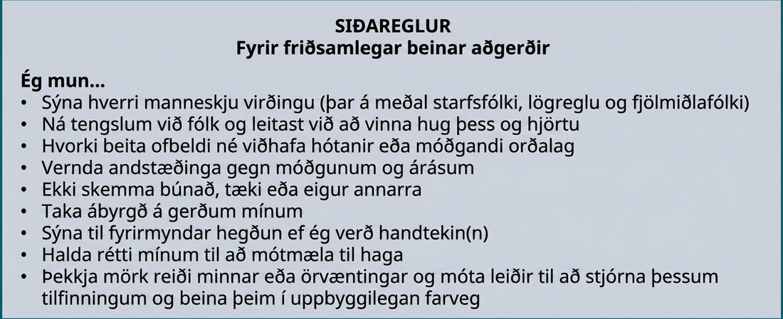 Í „Siðareglum um friðsamlegar beinar aðgerðir“ segir undir fyrirsögninni „Ég mun . . .“: koma fram við alla af virðingu, þar á meðal starfsfólk, lögreglu og fjölmiðla; mynda tengsl við fólk og reyna að vinna hug þess og hjörtu; hvorki beita ofbeldi eða hótunum né nota móðgandi orðbragð; vernda andstæðinga fyrir móðgunum eða árásum; hvorki skemma búnað, tæki né eigur annarra; axla ábyrgð á eigin gerðum; sýna fyrirmyndarhegðun ef ég er handtekinn; halda fram rétti mínum til mótmæla; þekkja mörk reiði minnar eða örvæntingar og móta leiðir til að stjórna og beina þessum tilfinningum í uppbyggilegan farveg.