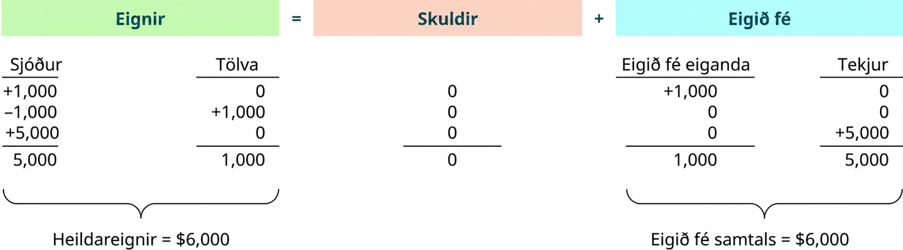 Bókhaldsjafnan sýnir að eignir jafngilda samtölu skulda og eigin fjár. Undir eignum er kreditfærsla að fjárhæð 1.000 Bandaríkjadala á sjóðsreikningi, debetfærsla að fjárhæð 1.000 Bandaríkjadala á sjóðsreikningi og kreditfærsla að fjárhæð 5.000 Bandaríkjadala á sjóðsreikningi; samtals 5.000 Bandaríkjadalir. Undir eignum er kreditfærsla að fjárhæð 1.000 Bandaríkjadala á tölvureikningi; samtals 1.000 Bandaríkjadalir. Eignir samtals nema 6.000 Bandaríkjadölum. Skuldir nema 0 Bandaríkjadölum. Undir eigin fé er kreditfærsla að fjárhæð 1.000 Bandaríkjadala á eiginfjárreikningi eigandans; samtals 1.000 Bandaríkjadalir, og kreditfærsla að fjárhæð 5.000 Bandaríkjadala á tekjureikningi; samtals 5.000 Bandaríkjadalir. Eigið fé samtals nemur 6.000 Bandaríkjadölum.