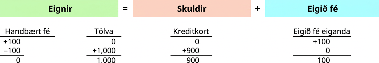 Bókhaldsjafnan sýnir að eignir jafngilda samtölu skulda og eigin fjár. Undir eignum er kreditfærsla að fjárhæð 100 Bandaríkjadala á sjóðsreikningi, debetfærsla að fjárhæð 100 Bandaríkjadala á sjóðsreikningi og kreditfærsla að fjárhæð 1.000 Bandaríkjadala á tölvureikningi; samtals 1.000 Bandaríkjadalir. Undir skuldum er kreditfærsla að fjárhæð 900 Bandaríkjadala á kreditkortareikningi; samtals 900 Bandaríkjadalir. Undir eigin fé er kreditfærsla að fjárhæð 100 Bandaríkjadala á eiginfjárreikningi eigandans; samtals 100 Bandaríkjadalir.