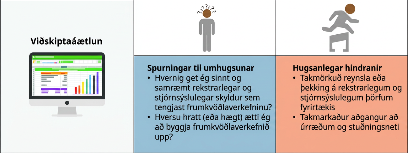 Við gerð viðskiptaáætlunar skaltu spyrja: Hvernig get ég stjórnað og samræmt tengda rekstrar- og stjórnsýsluábyrgð verkefnisins? Hversu hratt eða hægt ætti verkefnið að vaxa? Mögulegar hindranir eru takmörkuð reynsla af eða þekking á rekstrar- og stjórnsýsluþörfum fyrirtækis og takmarkaður aðgangur að auðlindum og stuðningsneti.