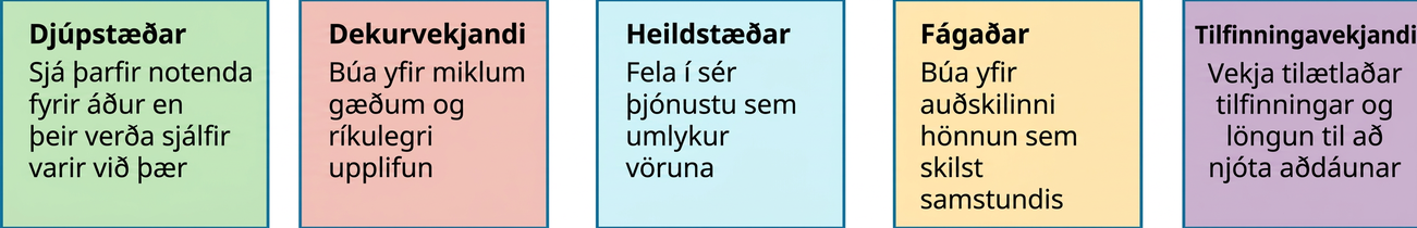 Nýstárlegar vörur eru djúpstæðar (sjá þarfir notenda fyrir áður en notendurnir verða sjálfir varir við þær), dekurvekjandi (búa yfir miklum gæðum og ríkulegri upplifun), heildstæðar (þjónusta umlykur vöruna), fágaðar (hafa innsæislega hönnun sem skilst samstundis) og tilfinningavekjandi (vekja fyrirhugaða tilfinningu og kalla á aðdáun).