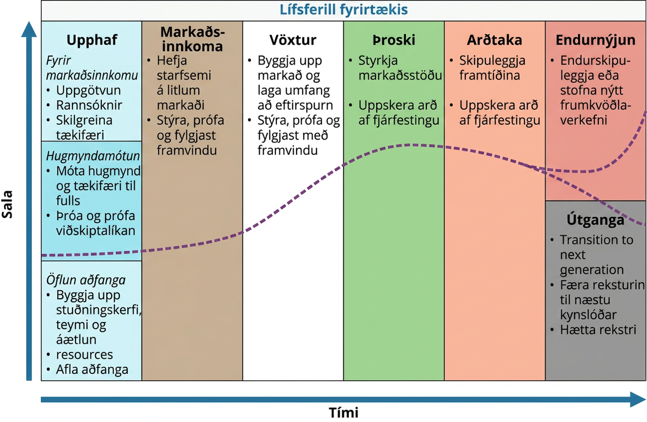 Lífsferill fyrirtækis færist með tímanum frá upphafsstigi (fyrir markaðsinnkomu: uppgötva, rannsaka og skilgreina tækifæri; mótun: festa hugmynd og tækifæri í sessi og byggja og prófa viðskiptalíkan; öflun auðlinda: byggja upp stuðningskerfi, teymi og áætlun og afla auðlinda) yfir í markaðsinnkomu (hefja starfsemi á litlum markaði og stýra, prófa og fylgjast með framvindu), vöxt (byggja upp markað, laga umfang að þörfum og stýra, prófa og fylgjast með framvindu), þroska (styrkja markaðsstöðu og uppskera arð af fjárfestingu) og uppskeru (skipuleggja framtíðina og uppskera arð af fjárfestingu). Þaðan getur fyrirtækið annaðhvort farið í endurnýjun (endurhanna reksturinn eða skapa nýtt frumkvöðlaverkefni) eða útgöngu (færa reksturinn til næstu kynslóðar eða hætta honum).