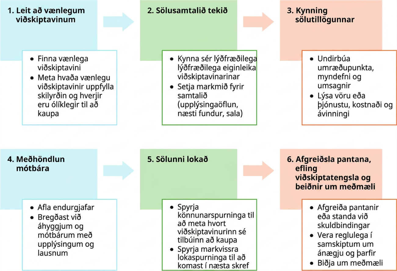Sex þrepa söluferlið felur í sér: Leit að vænlegum viðskiptavinum (finna mögulega viðskiptavini og ákvarða hverjir eru hæfir og hverjir ólíklegir til kaupa); Sölusamtal (kynna sér lýðfræðileg einkenni vænlegs viðskiptavinar og setja markmið fyrir samtalið); Kynning sölutillögu (undirbúa umræðuatriði, myndefni og umsagnir og lýsa vöru eða þjónustu, kostnaði og ávinningi); Meðferð mótbára (afla endurgjafar og svara áhyggjum og mótbárum með upplýsingum og lausnum); Að ljúka sölu (spyrja könnunarspurninga til að prófa hvort viðskiptavinurinn sé tilbúinn og beinna lokaspurninga til að komast í næsta skref); og Afgreiðsla pantana, ræktun tengsla og beiðni um tilvísanir (afgreiða pantanir eða skuldbindingar, hafa regluleg samskipti um ánægju og þarfir og biðja um tilvísanir).