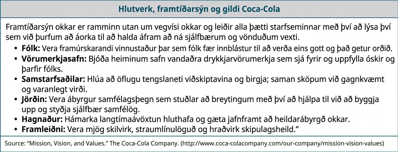 Hlutverki, framtíðarsýn og gildum Coca-Cola er lýst á þessa leið: „Framtíðarsýn okkar myndar rammann um leiðarkortið og stýrir öllum þáttum starfseminnar með því að lýsa því sem við þurfum að áorka til að halda áfram sjálfbærum gæðavexti. Fólk: Að vera frábær vinnustaður þar sem fólk fær innblástur til að gera sitt besta. Vöruframboð: Að færa heiminum úrval vandaðra drykkjarvörumerkja sem sjá fyrir og uppfylla óskir og þarfir fólks. Samstarfsaðilar: Að rækta árangursríkt tengslanet viðskiptavina og birgja þar sem við sköpum saman gagnkvæmt og varanlegt virði. Jörðin: Að vera ábyrgur samfélagsþegn sem hefur áhrif með því að byggja upp og styðja sjálfbær samfélög. Hagnaður: Að hámarka ávöxtun hluthafa til langs tíma án þess að gleyma heildarábyrgð okkar. Framleiðni: Að vera afar skilvirk, straumlínulöguð og hraðvirk skipulagsheild.“ Heimild: „Mission, Vision, and Values.“ The Coca-Cola Company. http://www.coca-colacompany.com/our-company/mission-vision-values